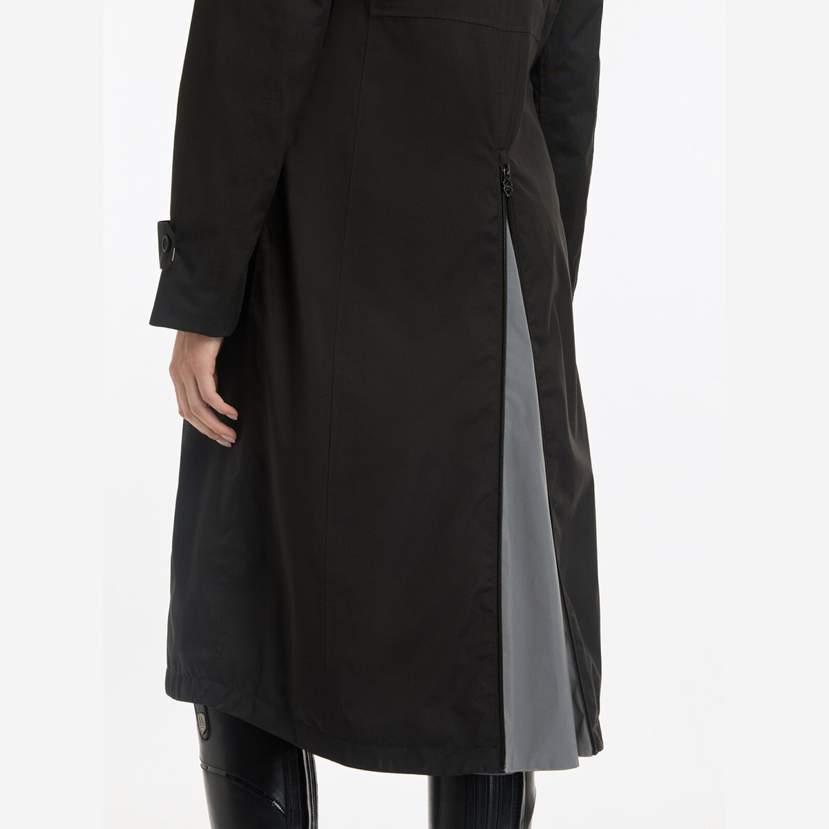 LeMieux Women's Amelie Waterproof Riding Coat - Black, back zip and reflective panel | Malvern Saddlery