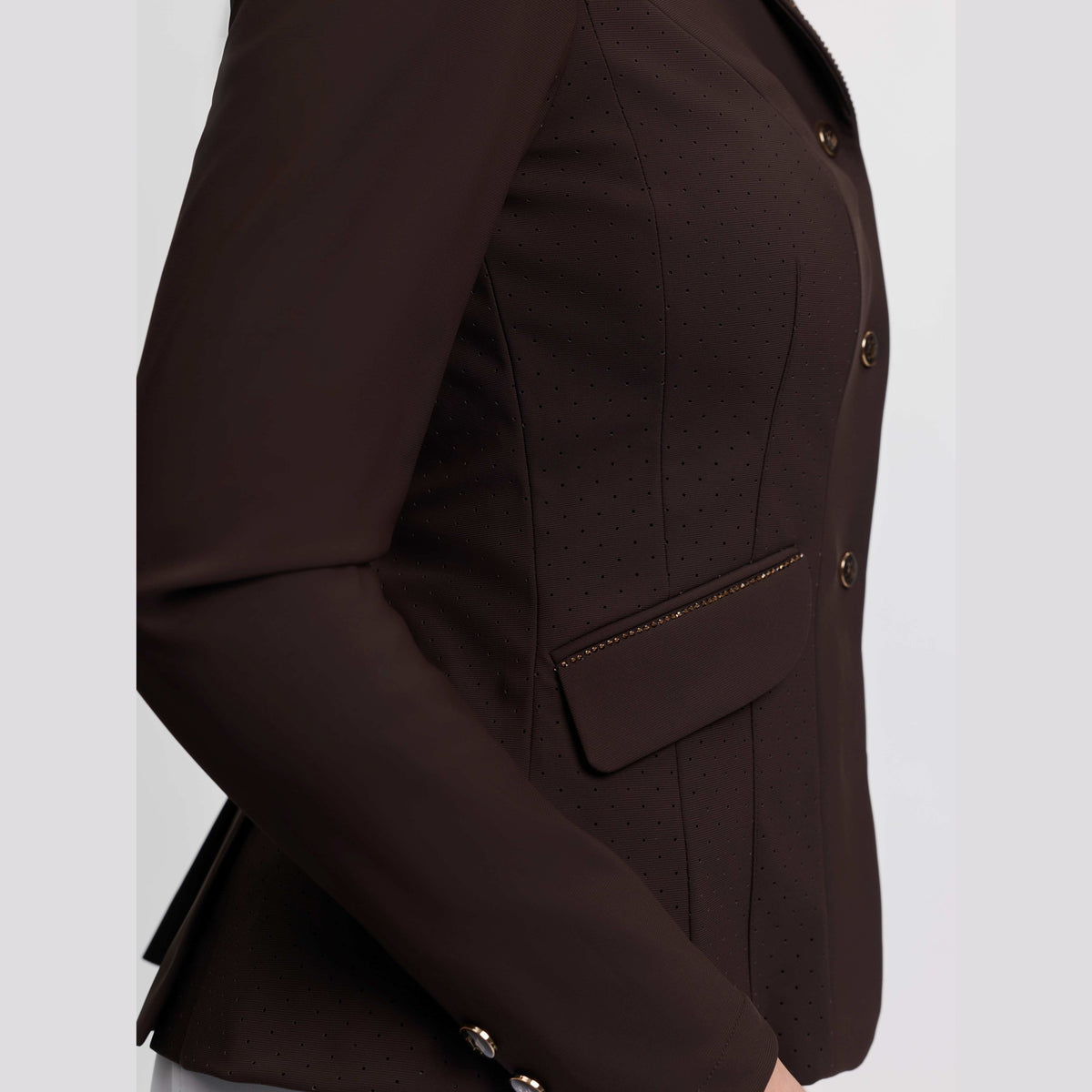 LeMieux Women's Brilliance Diana Show Jacket - Espresso, pocket and rhinestone close-up | Malvern Saddlery