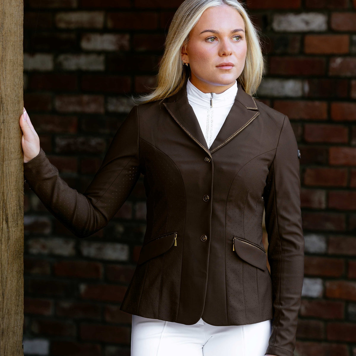 LeMieux Women's Brilliance Diana Show Jacket - Espresso, worn outdoors | Malvern Saddlery