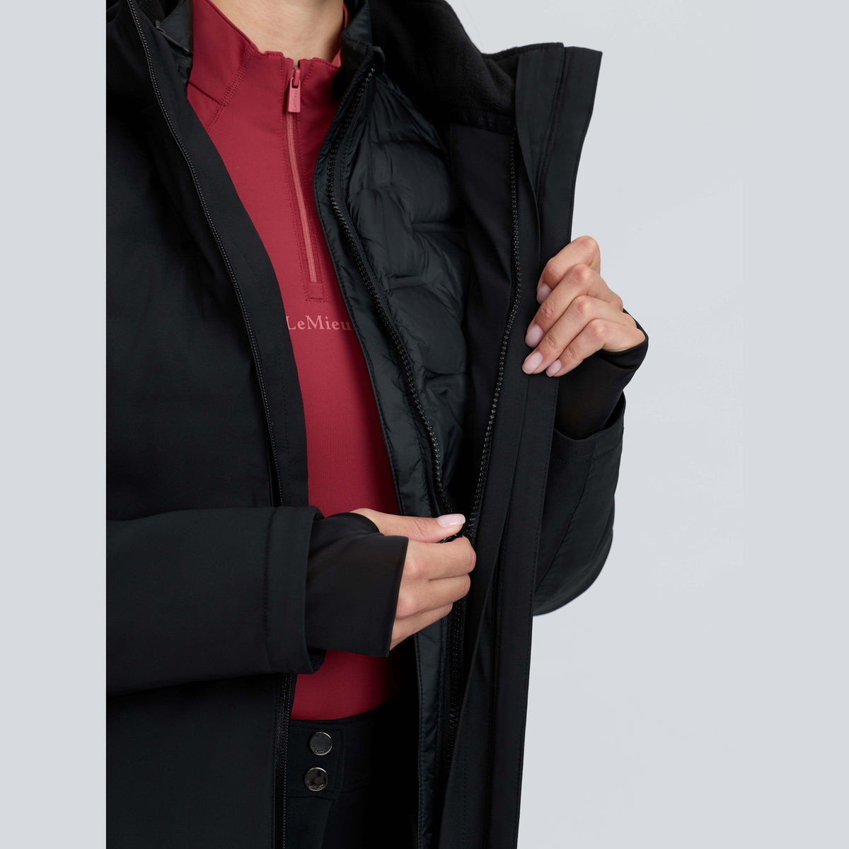 LeMieux Women's Brooke 3-in-1 Waterproof Hybrid Jacket - Black, zip-out gilet close-up | Malvern Saddlery
