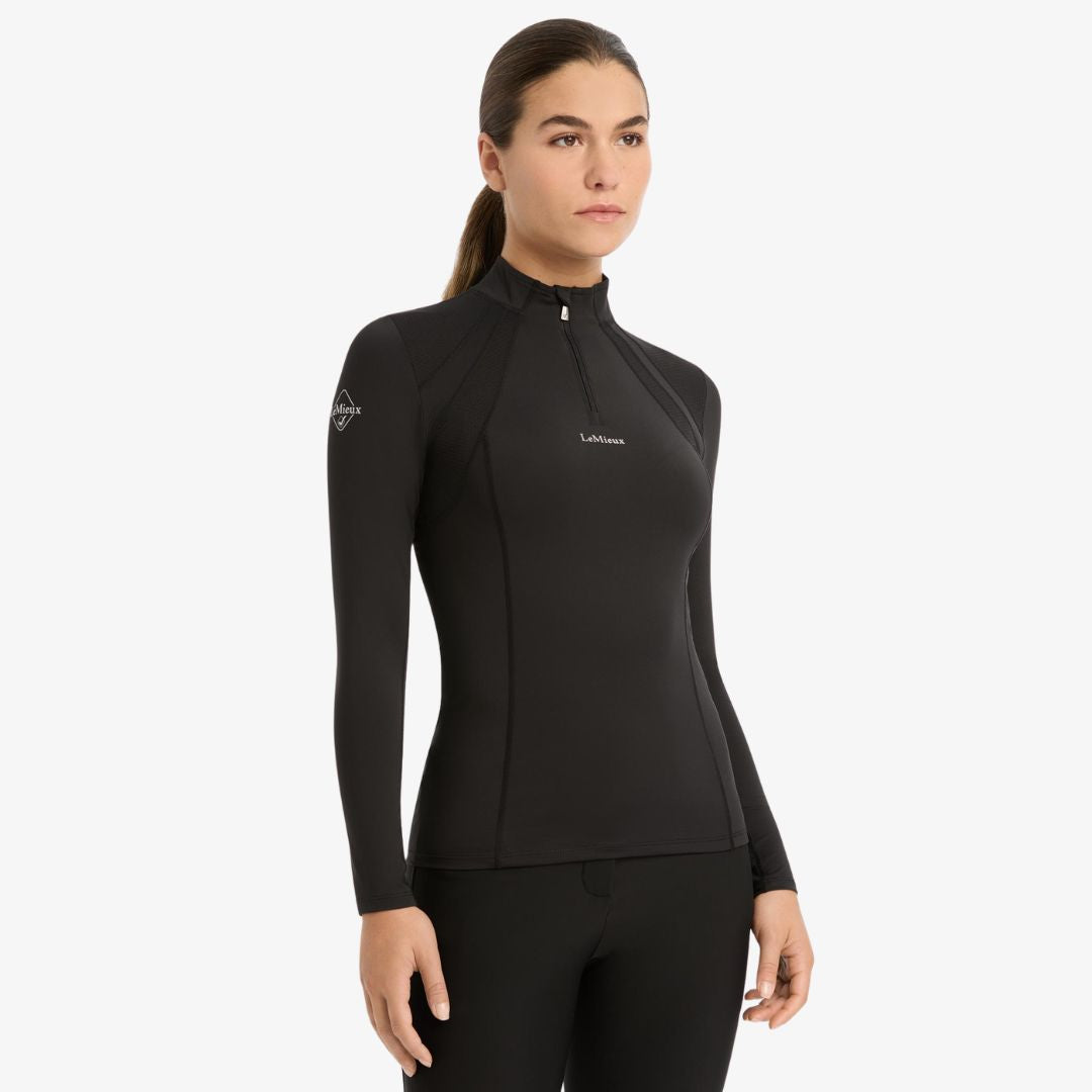LeMieux Mia Mesh Women's Long Sleeve Base Layer - black; shown on woman, gray background | Malvern Saddlery