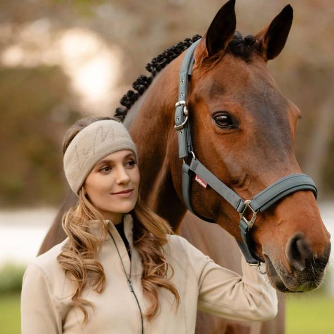 LeMieux Sparkle Headband - Stone, lifestyle image shown on model with chestnut horse | Malvern Saddlery