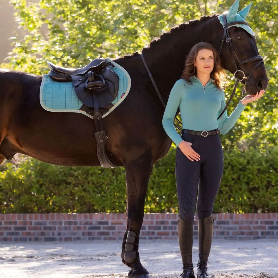 LeMieux Mini Suede Close Contact Saddle Pad - Lagoon, shown on horse with rider in matching apparel & accessories | Malvern Saddlery