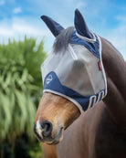 Horse wearing a fly mask with a blue border, standing outdoors with greenery and blue sky in the background.