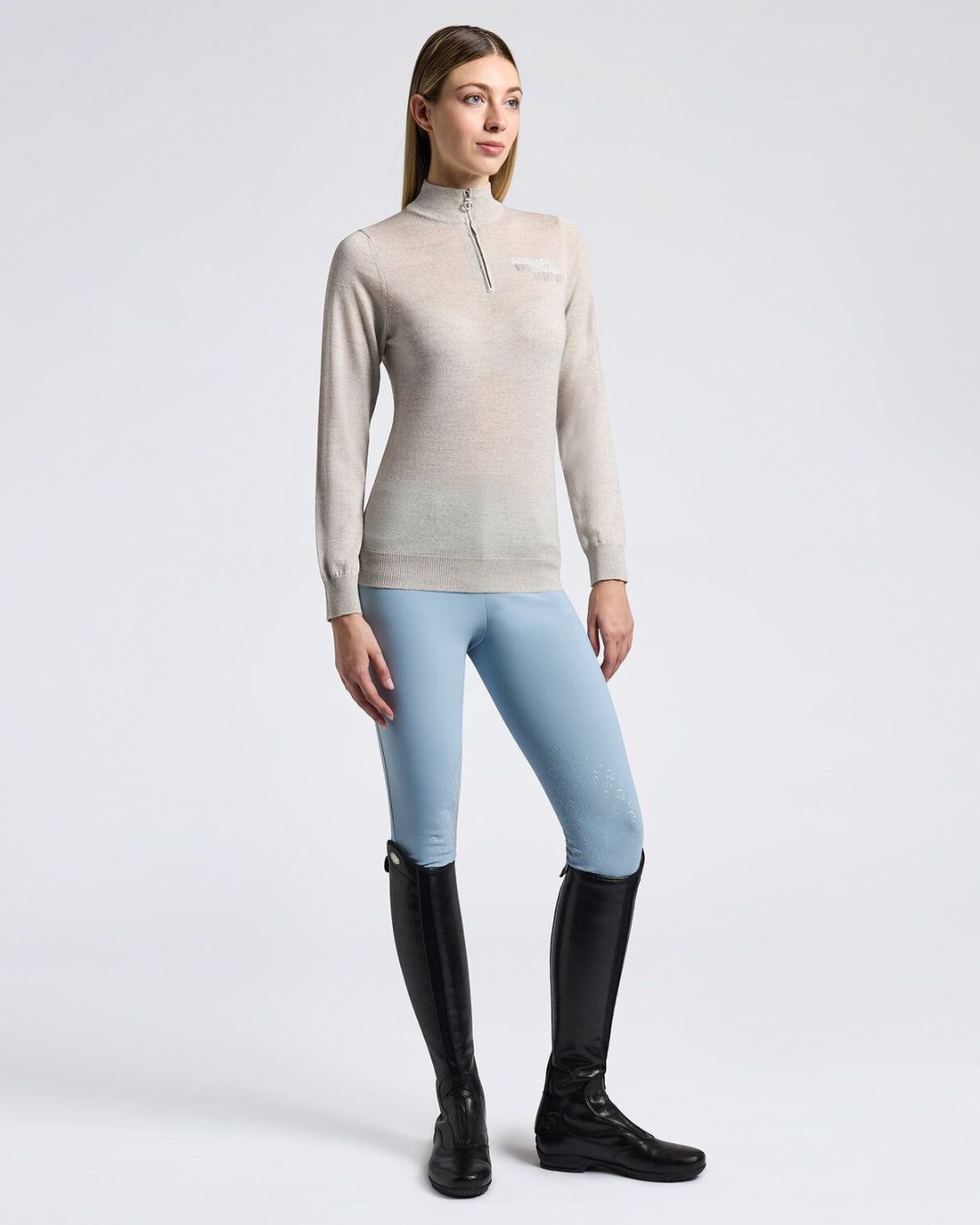 Cavalleria Toscana Women's Half Zip Sweater in Knitted Wool - Stone Gray | Malvern Saddlery