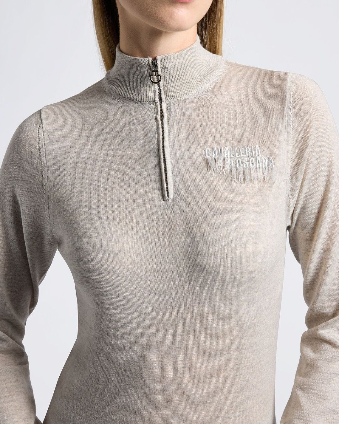 Cavalleria Toscana Women's Half Zip Sweater in Knitted Wool - Stone Gray - chest detail | Malvern Saddlery