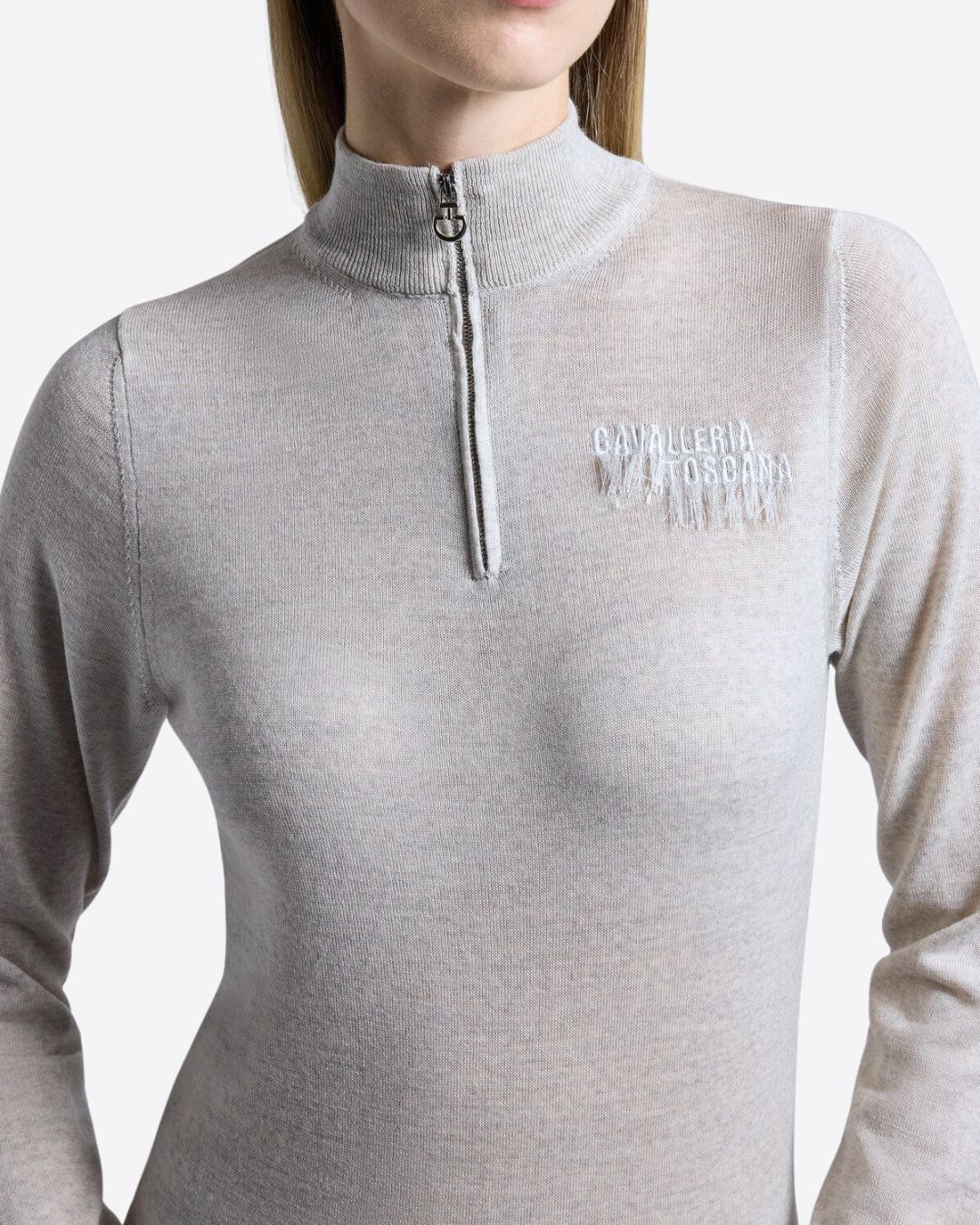 Cavalleria Toscana Women's Half Zip Sweater in Knitted Wool - Stone Gray | Malvern Saddlery