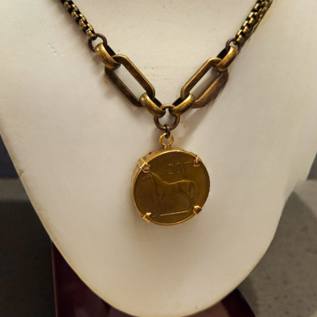 Mark Edge Jewelry - vintage Irish 20p coin with horse image; close up of pendant | Malvern Saddlery