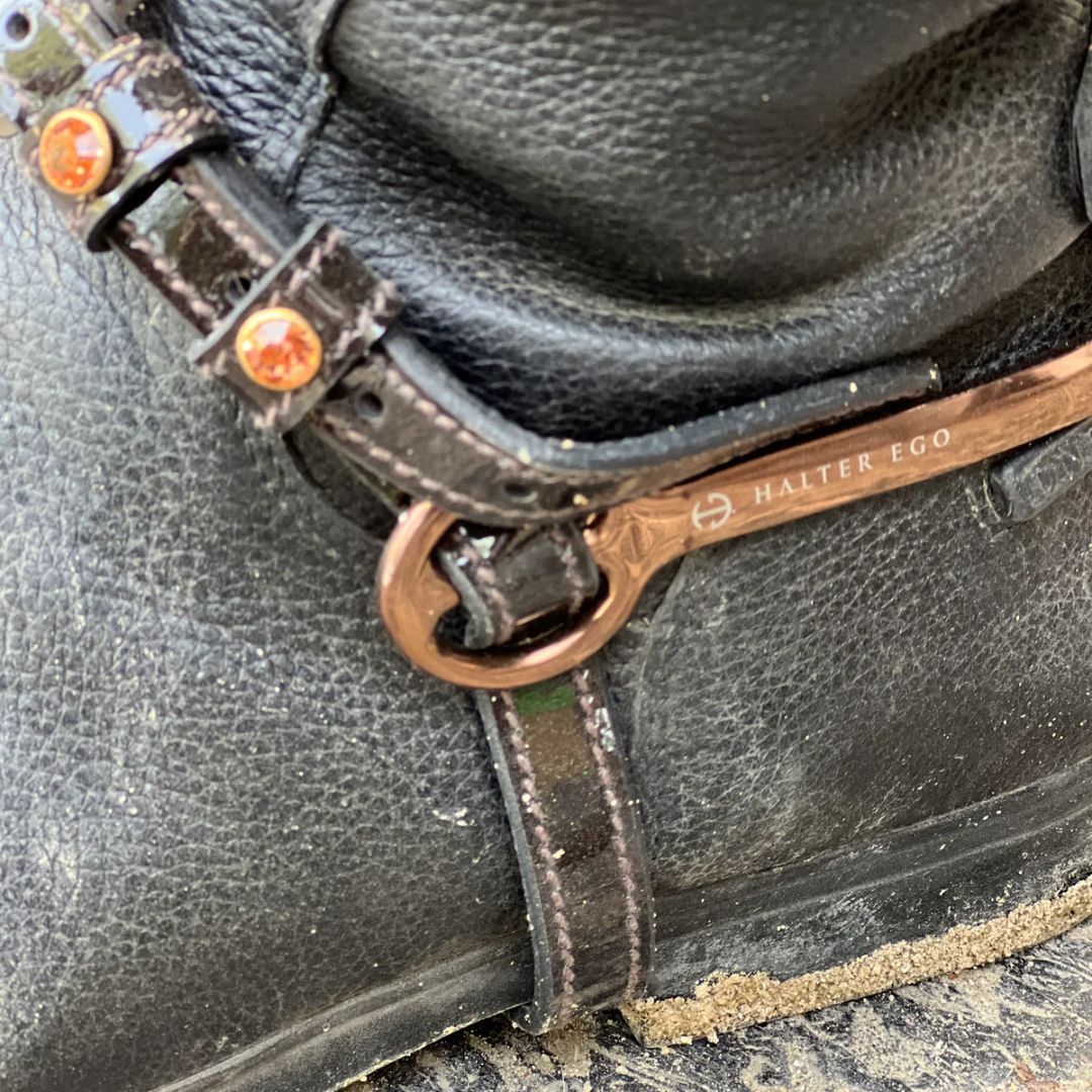 Halter Ego Metallic Bronze Spurs, detail shown on boot with spur strap | Malvern Saddlery