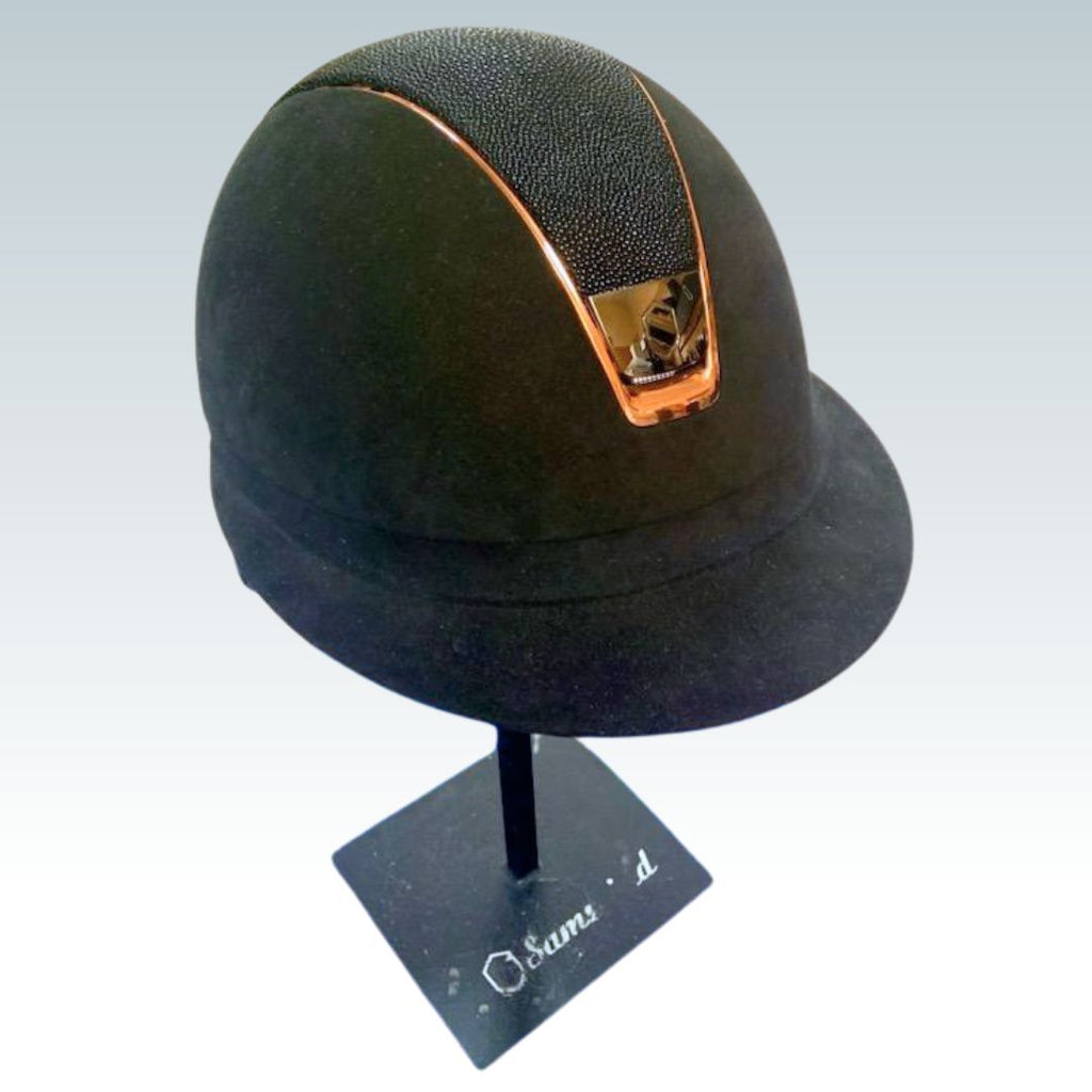 Samshield Miss Shield  Alcantara Custom Helmet - Black w/ Stingray top & Rose Gold Trim | Malvern Saddlery