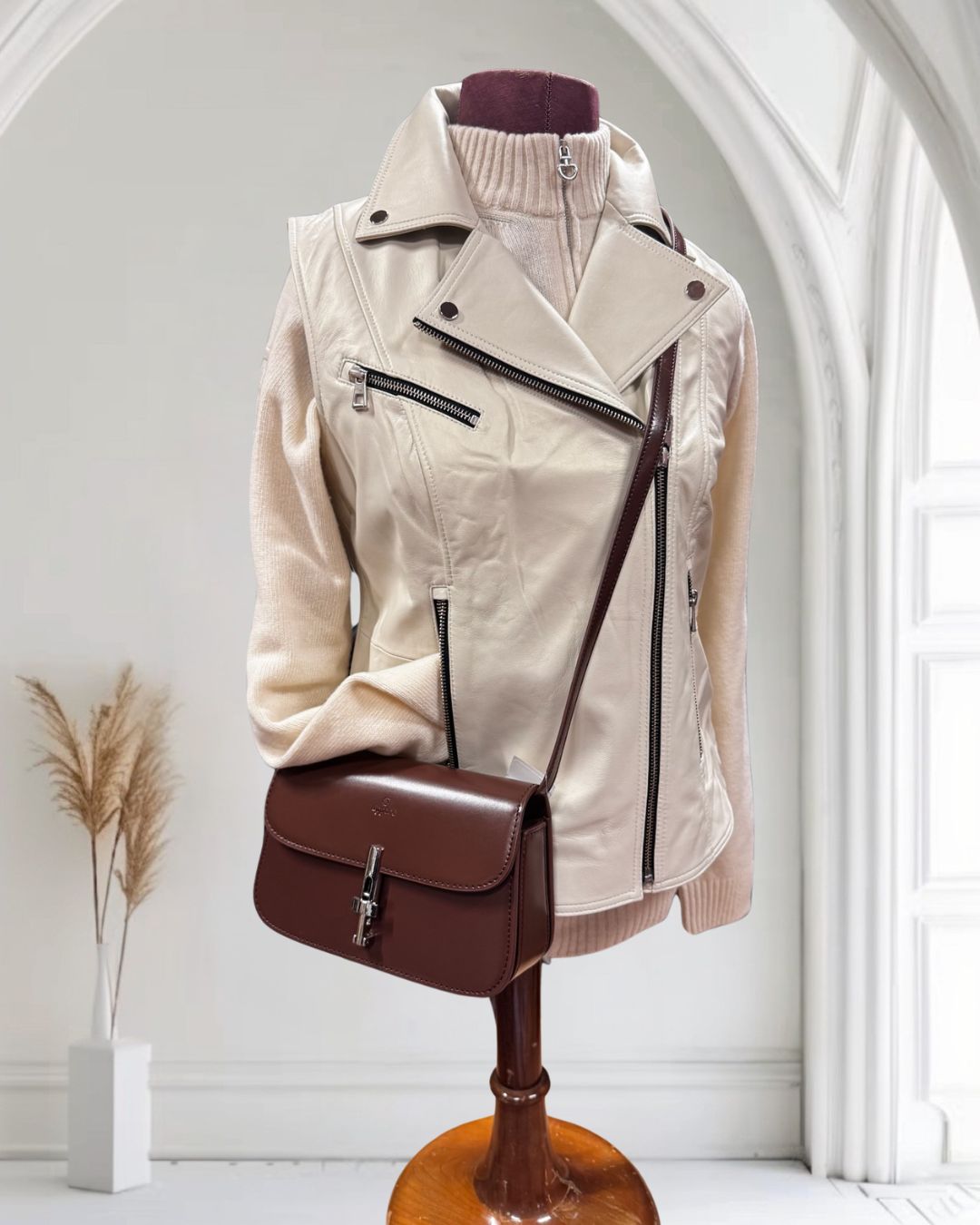 Italian Leather Moto Jacket , shown with crossbody bag- Milk | Fashion Collection | Malvern Saddlery