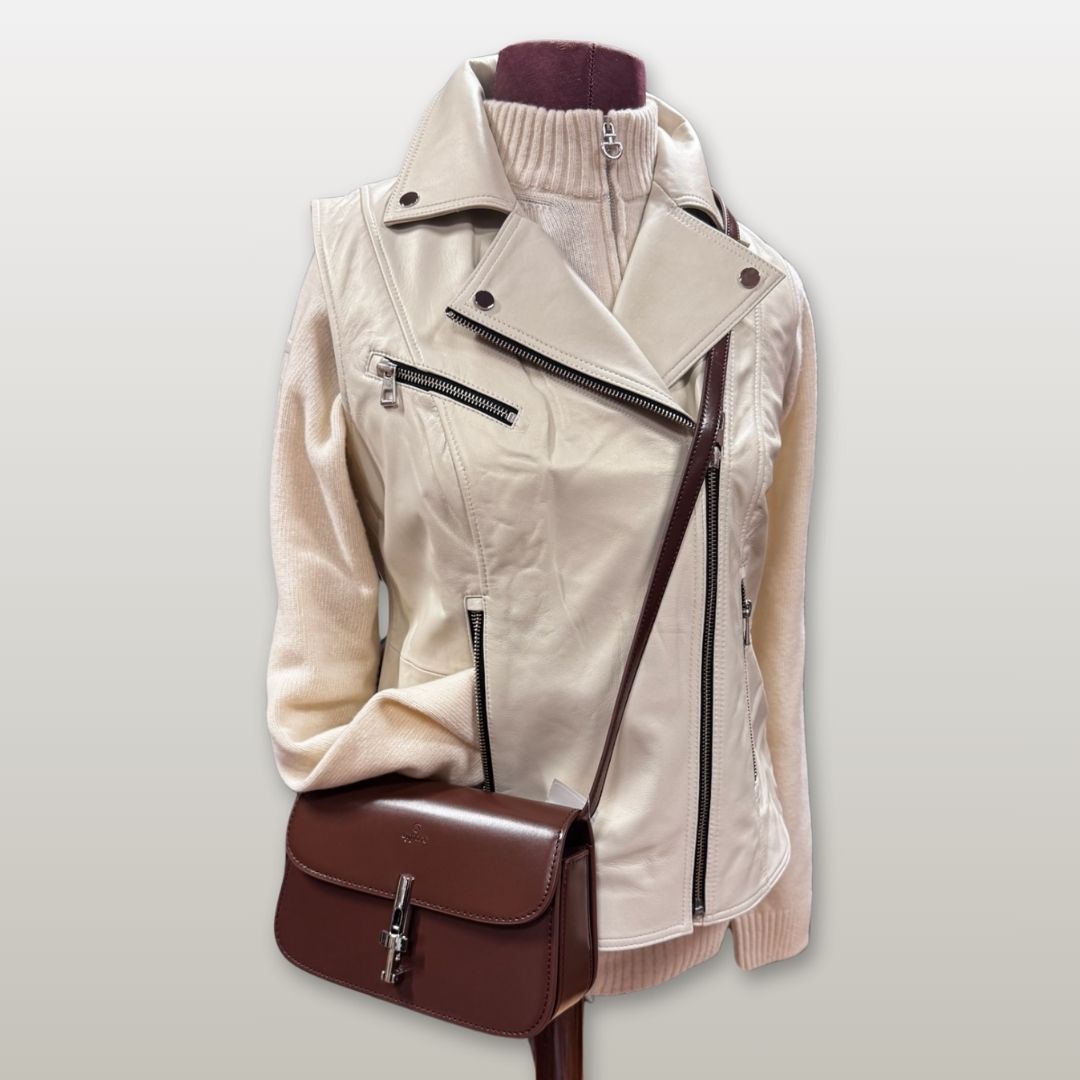 Italian Leather Moto Jacket , shown with crossbody bag- Milk | Fashion Collection | Malvern Saddlery