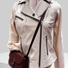 Italian Leather Moto Jacket , shown with crossbody bag- Milk | Fashion Collection | Malvern Saddlery