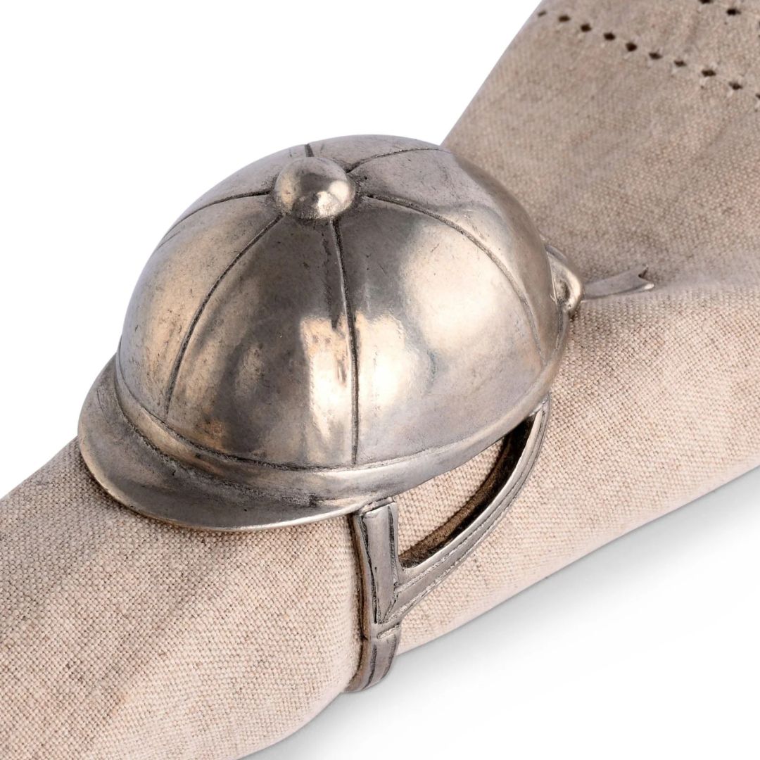 Riding Hat Pewter Napkin Rings; shown on beige linen napkin | Equestrian Gifts | Malvern Saddlery