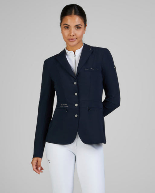 Pikeur Phelia Ladies Competition Coat - Navy; shown on model on gray background | Equestrian Show Coats | Malvern Saddlery