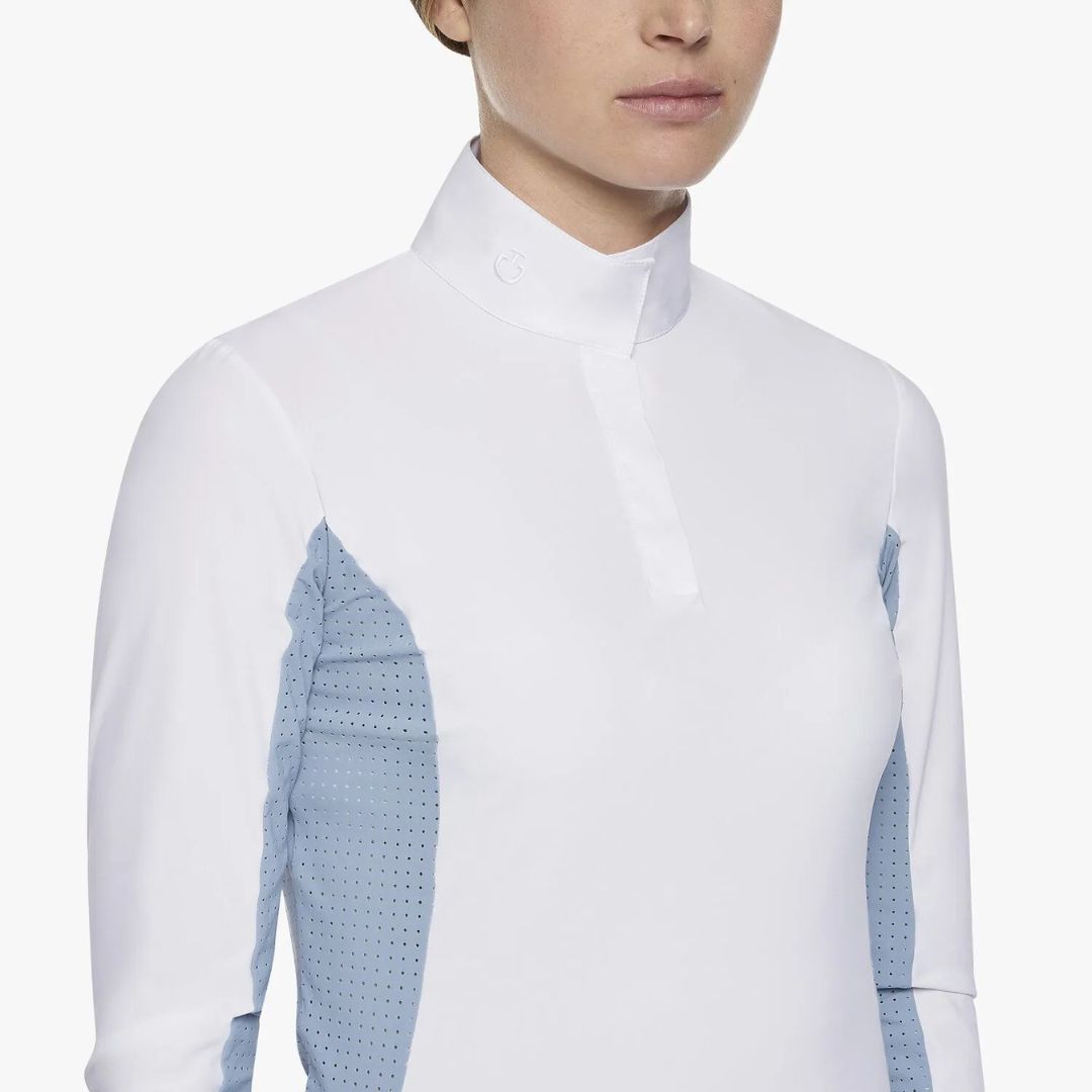 Shop Cavalleria Toscana Perforated Competition Shirt - White with Light Blue | Malvern Saddlery