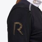 Cavalleria Toscana Women's REVO Premier Tech Wool Show Shirt - Black with Gold detail, shown: shoulder "R" detail| Malvern Saddlery