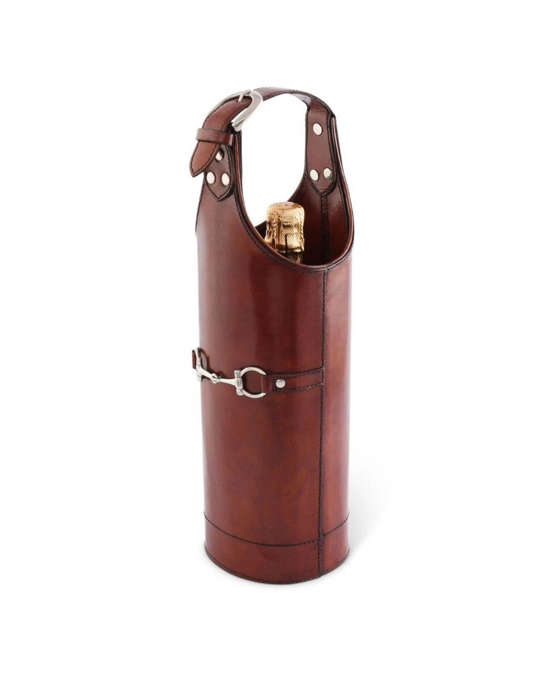 Premium Leather Bit Single Wine Carrier; shown holding champagne bottle | Equestrian Style Home | Malvern Saddlery