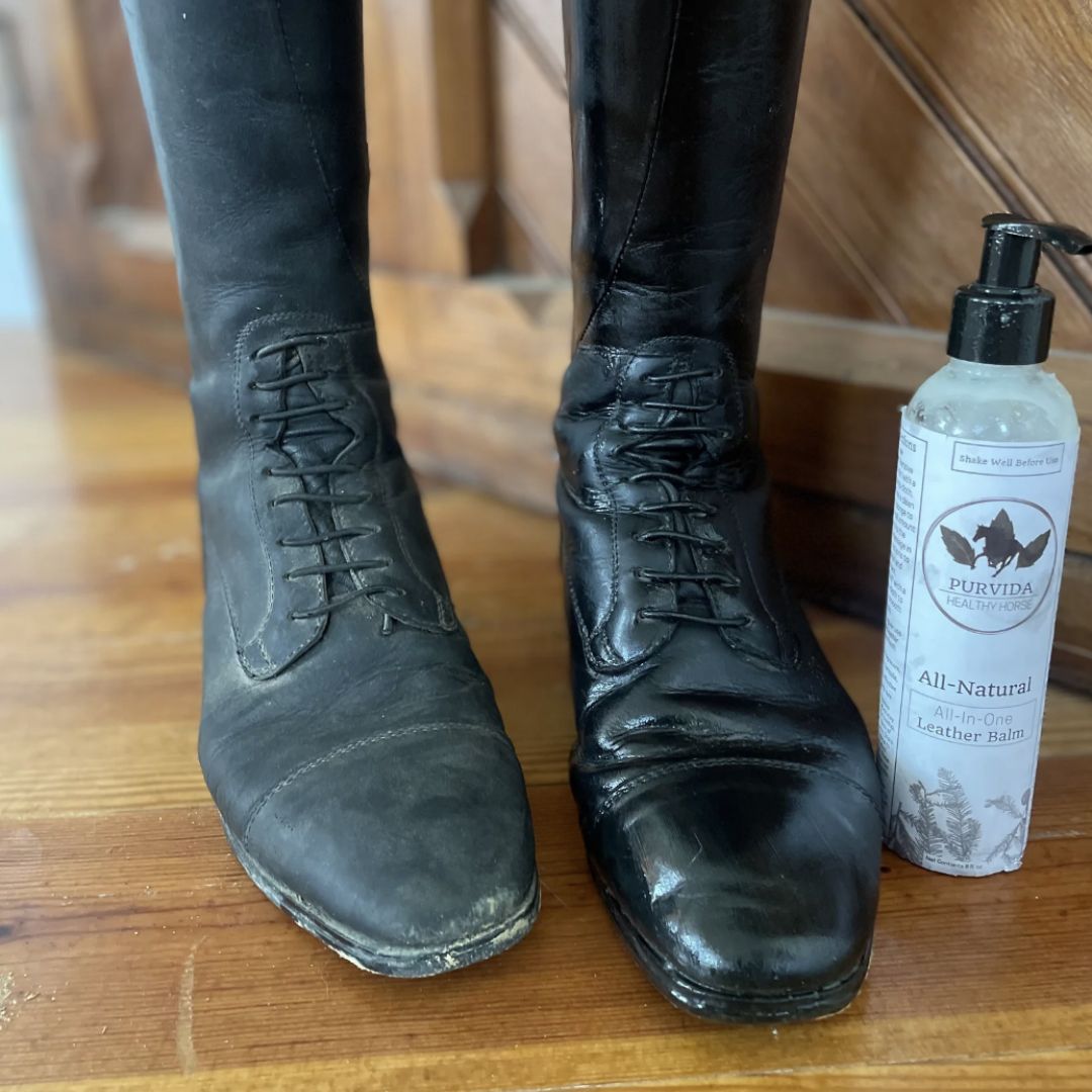 Purvida All-In-One Leather Balm, before & after use boots shown| Malvern Saddlery