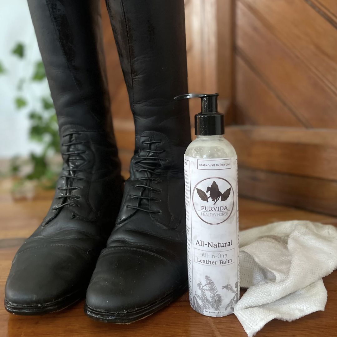 Purvida All-In-One Leather Balm, shown with field boots | Malvern Saddlery