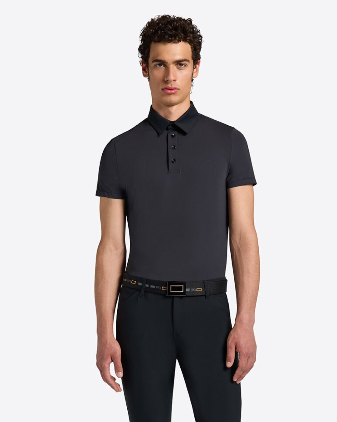 Rider’s Gene Men’s Micro-Perforated Jersey Polo with Button - Navy, on model | Men's Riding Shirts | Malvern Saddlery