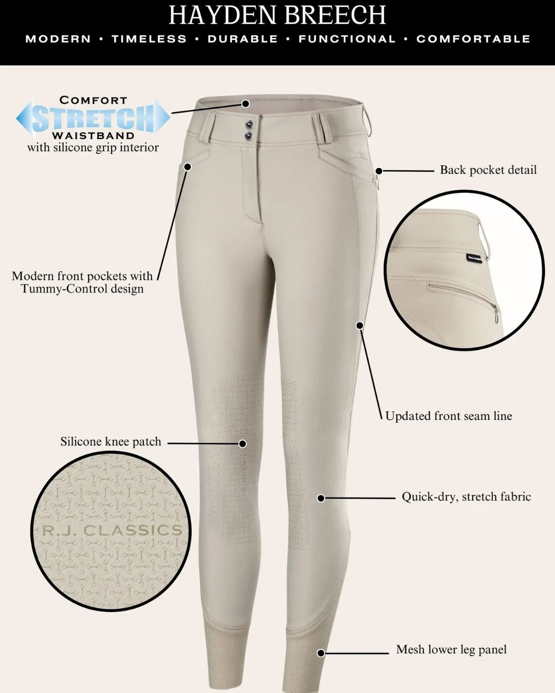 RJ Classics Heyden Ladies  Competition Breeches - Sand - features| Malvern Saddlery