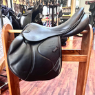 Stubben Zaria X Country Jump Consignment Saddle- shown on wooden stand in store | Malvern Saddlery
