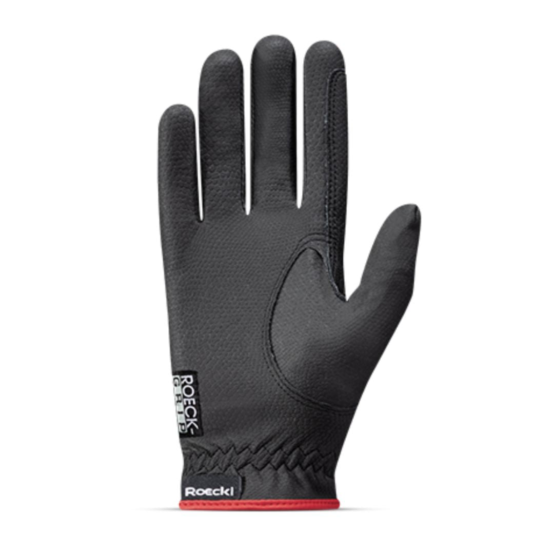 Roeckl Lona Grip Glove - Black/Red; palmside view | Equestrian Riding Gloves | Malvern Saddlery