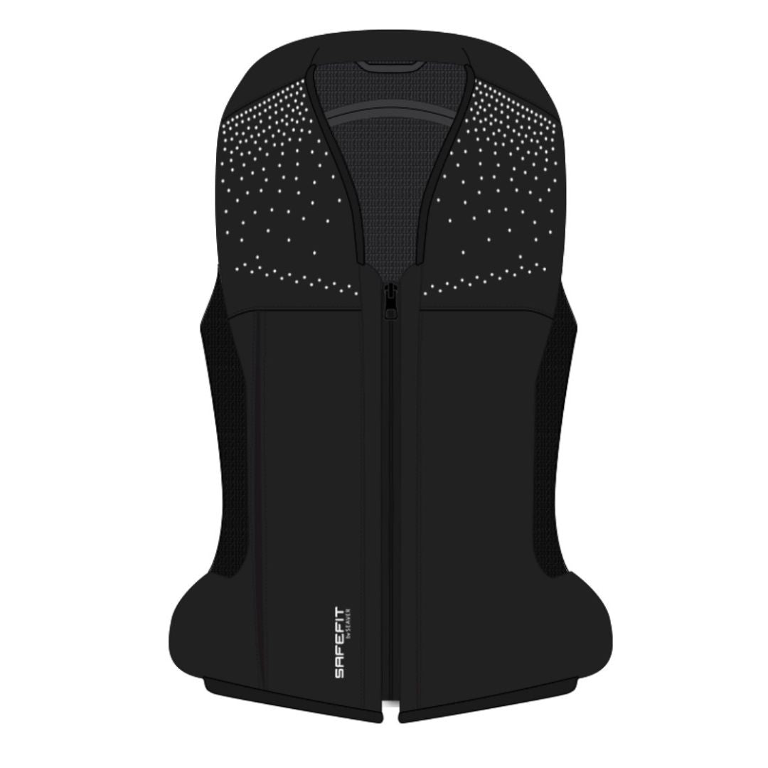 Seaver Safefit Airbag Vest - Black - Shown with Rain [front] & Victory Swarovski Crystal patterns. computer generated image | Malvern Saddlery
