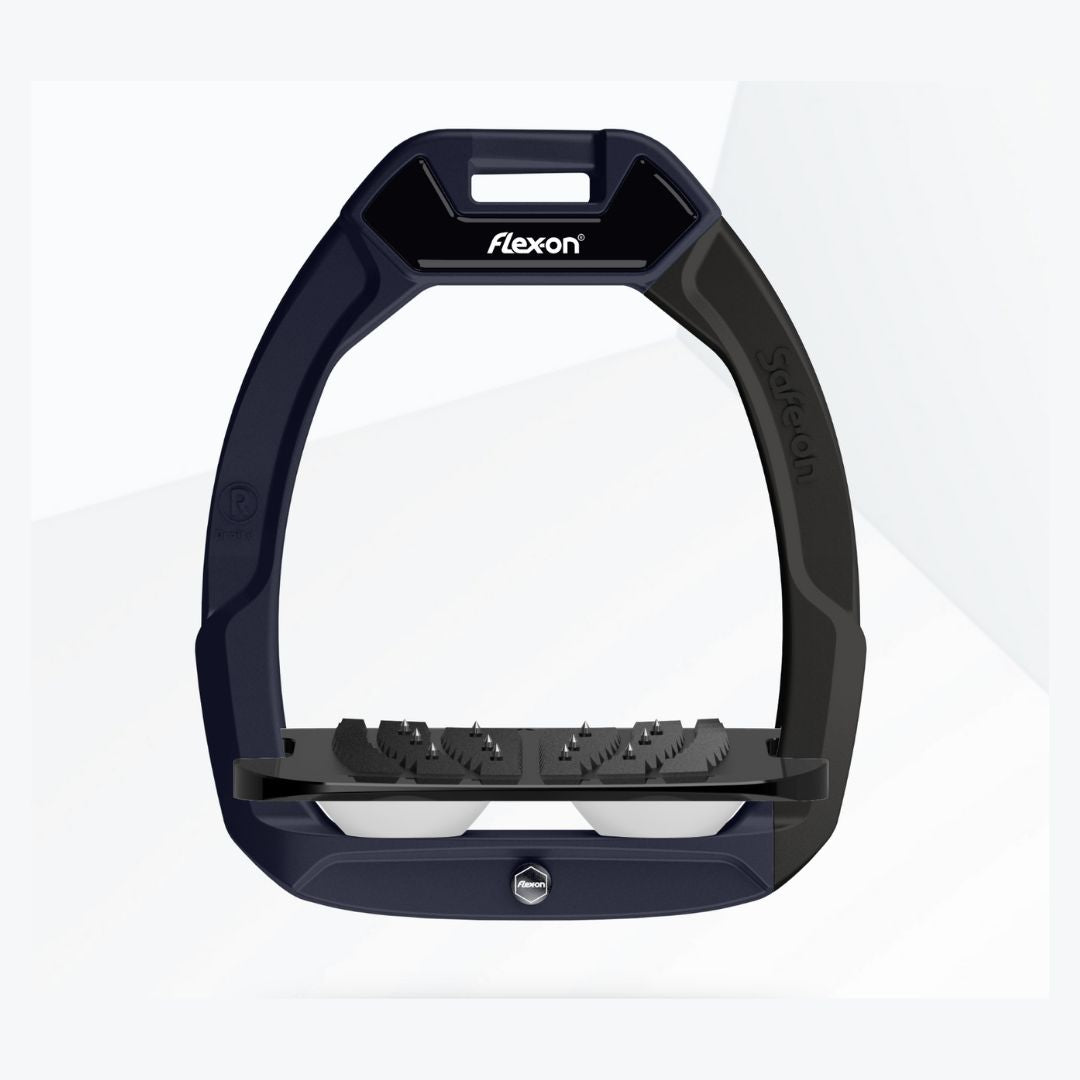 Flex-on SafeOn Equestrian Stirrup - navy with black arm, tray, magnet, white shock absorber, inclined ultra grip | Malvern Saddlery