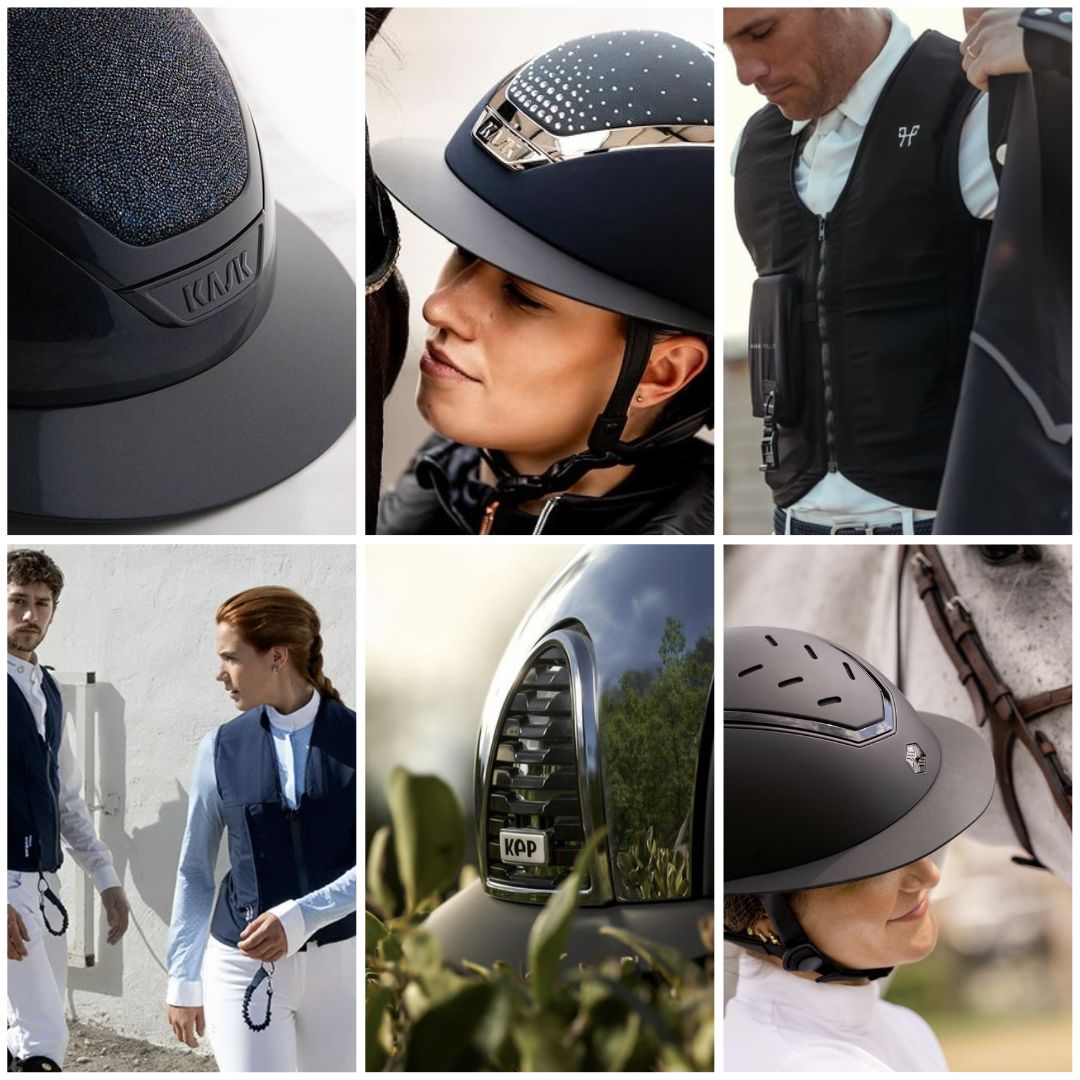 collage of 6 images featuring equestrian helmets and airbag vests