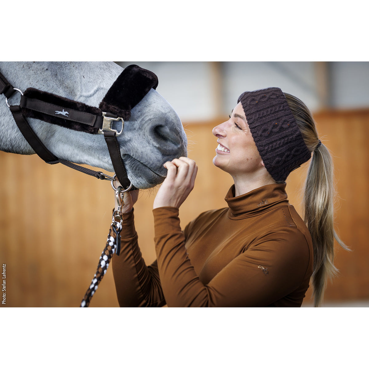 Schockemöhle Alba Style Women's Turtleneck Training Top in Nougat worn at the barn