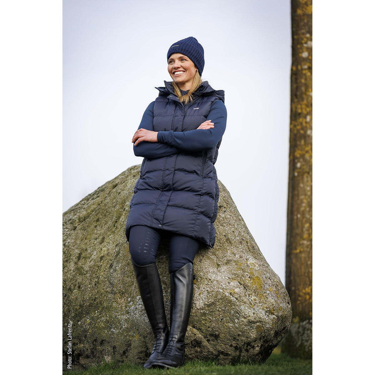 Schockemöhle Tilly Style Women's Long Vest in Dark Navy worn outdoors