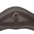 Close-up of brown Shires ARMA anti-chafe anatomical elastic girth showing contouring and stainless steel hardware