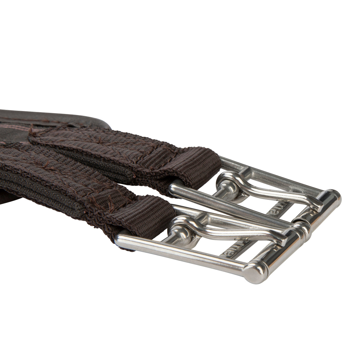 Stainless steel roller buckles and elastic inserts on the brown Shires ARMA anti-chafe anatomical girth
