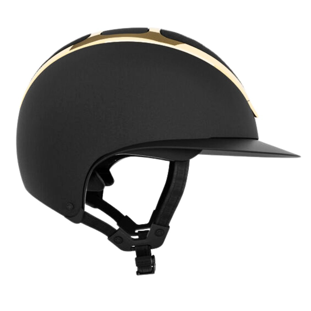 KASK Star Lady Chrome Equestrian Helmet - Black with Gold Frame;  side view on white background | Wide Brim English Riding Helmets | Malvern SaddleryKASK Star Lady Chrome Equestrian Helmet - Black with Gold Frame;  on white background | Wide Brim English Riding Helmets | Malvern Saddlery