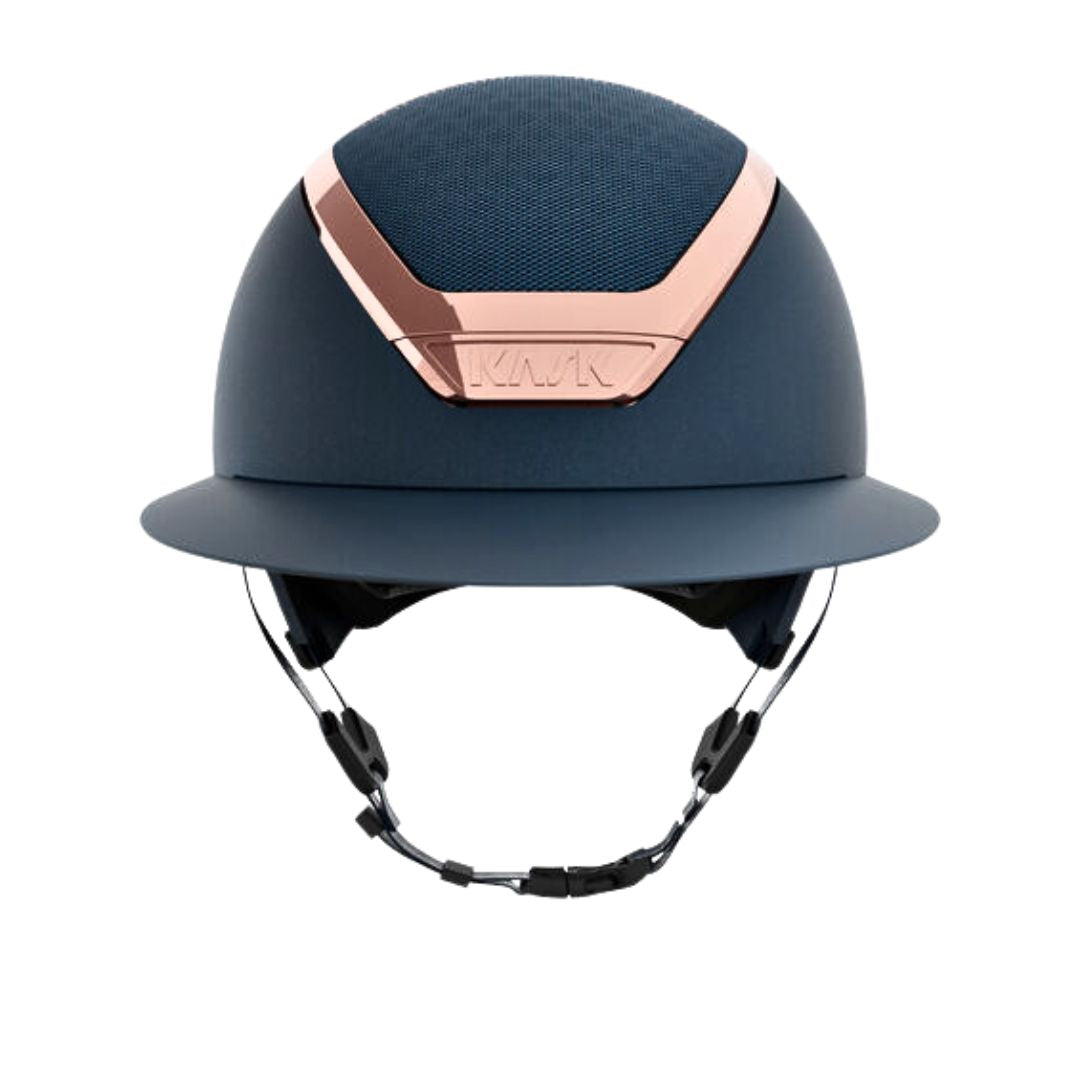 KASK Star Lady Chrome Equestrian Helmet - Navy with Rose Gold Frame;  front view on white background | Wide Brim English Riding Helmets | Malvern Saddlery