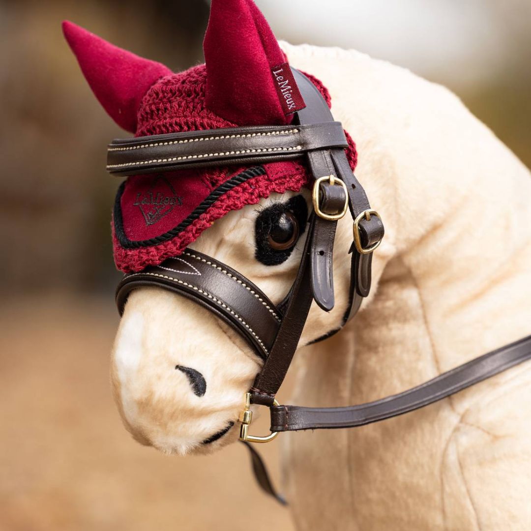 LeMieux Toy Pony Crochet Fly Bonnet - Ember, shown on Popcorn with bridle | Malvern Saddlery