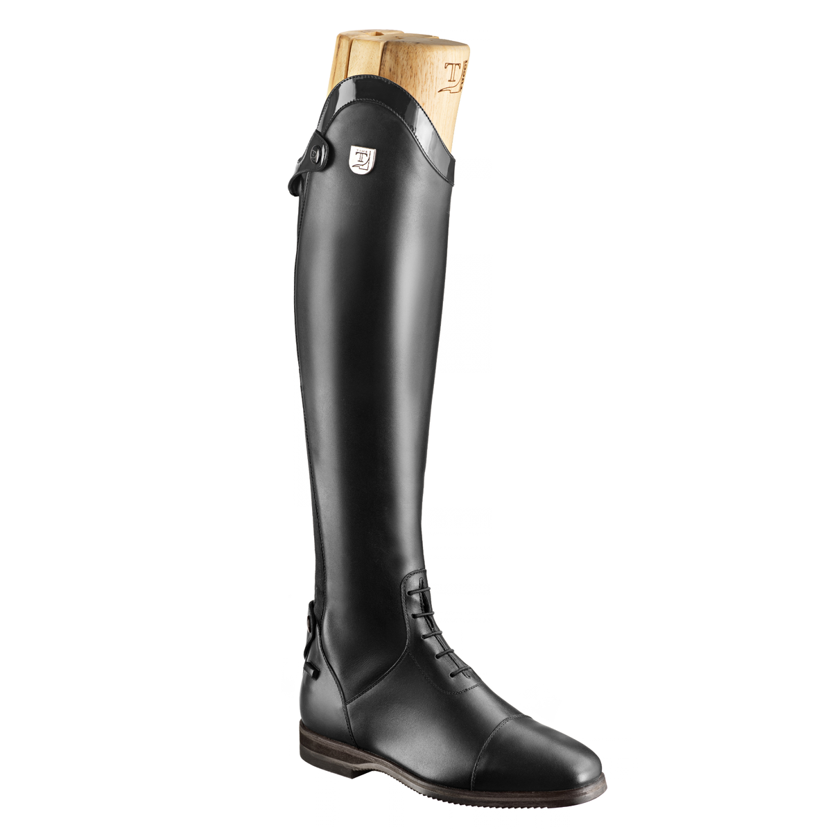 Tucci Galileo Italian black leather tall field boot with elastic front laces and spur rest