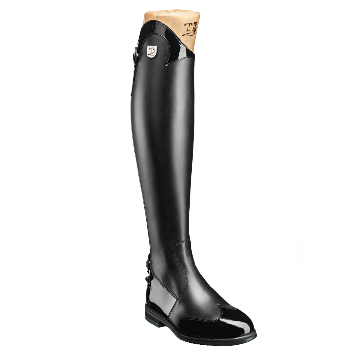 Tucci Time Marilyn Black Leather Dress Boot with Punched Toe Detail and Spanish Topline
