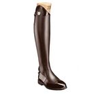 Tucci Marilyn Italian brown leather tall dress boot featuring punched leather accent, patent trim, and Spanish arch
