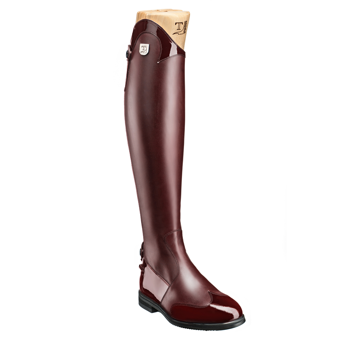Tucci Marilyn Italian wine burgundy leather tall dress boot featuring punched leather accent, patent trim, and Spanish arch