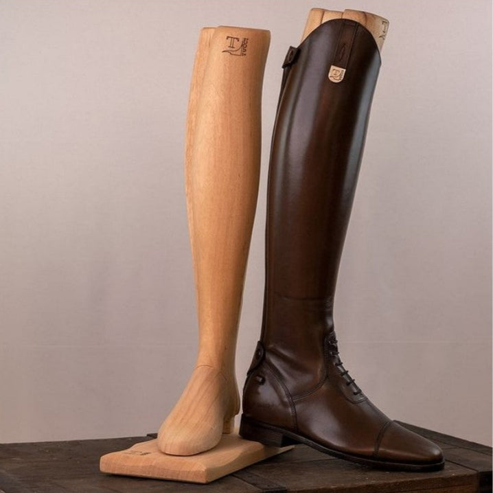 Tucci Puccini Field Boot - brown, shown with wooden boot shaper  | Malvern Saddlery