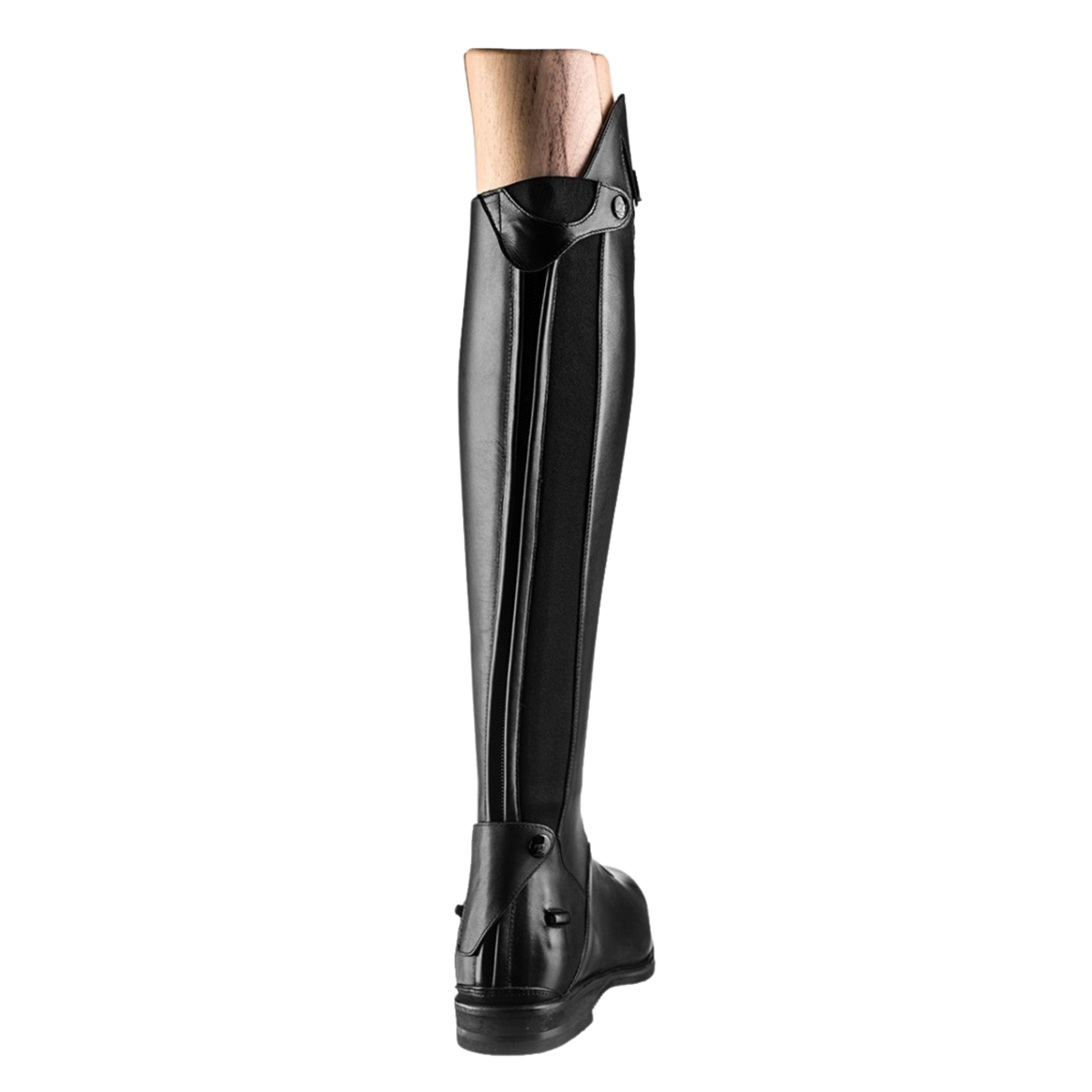 Rear View of Tucci Time Harley Black Leather Tall Riding Boot Showing Back Zipper and Elastic Panel