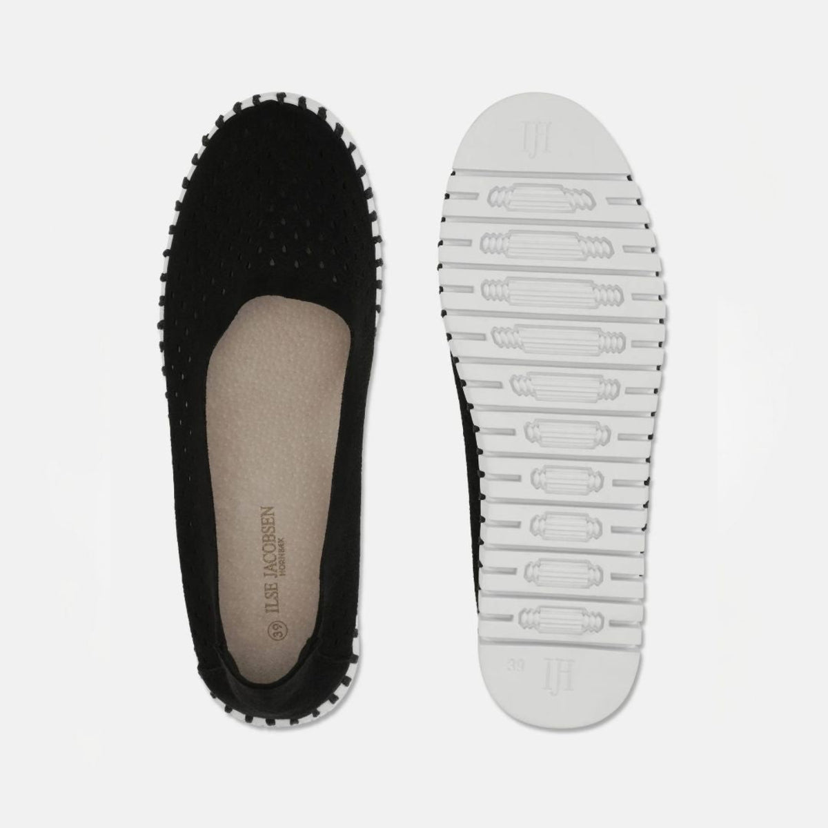 Ilse Jacobsen Tulip Ballet Flat - Black; flat lay showing top view and bottom view | Women's Shoes | Malvern Saddlery