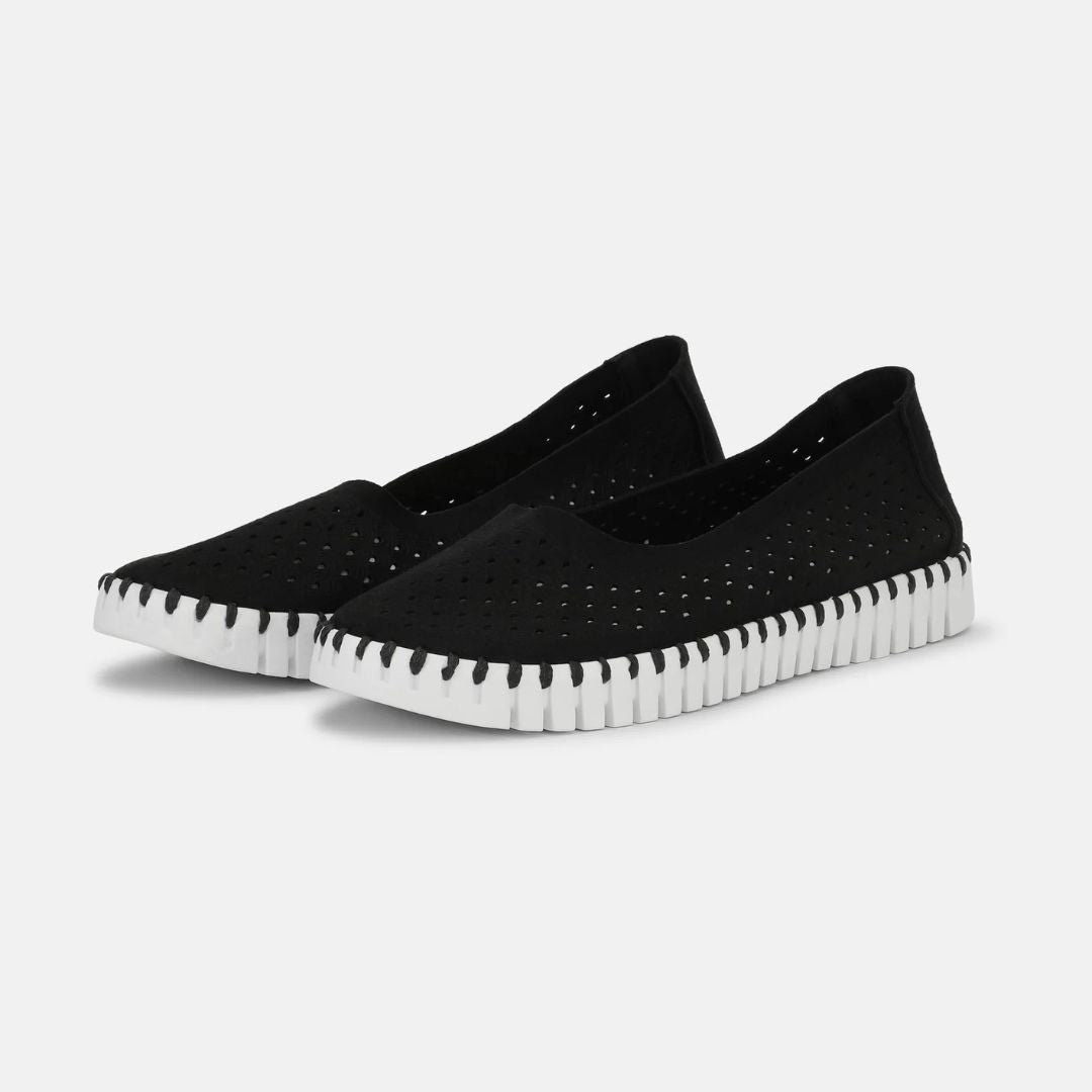 Ilse Jacobsen Tulip Ballet Flat - Black; pair shown on gray background | Women's Shoes | Malvern Saddlery