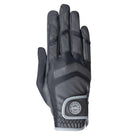 USG Palma black and gray equestrian riding gloves with Lycra stretch panels and touchscreen compatibility.