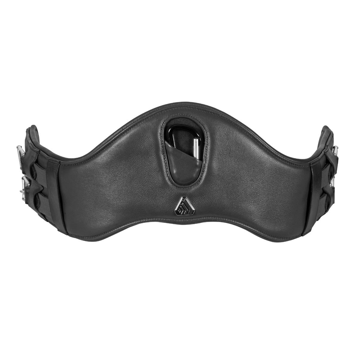Black Velociti Lusso Dressage Girth with contoured leather design and stainless steel roller buckles