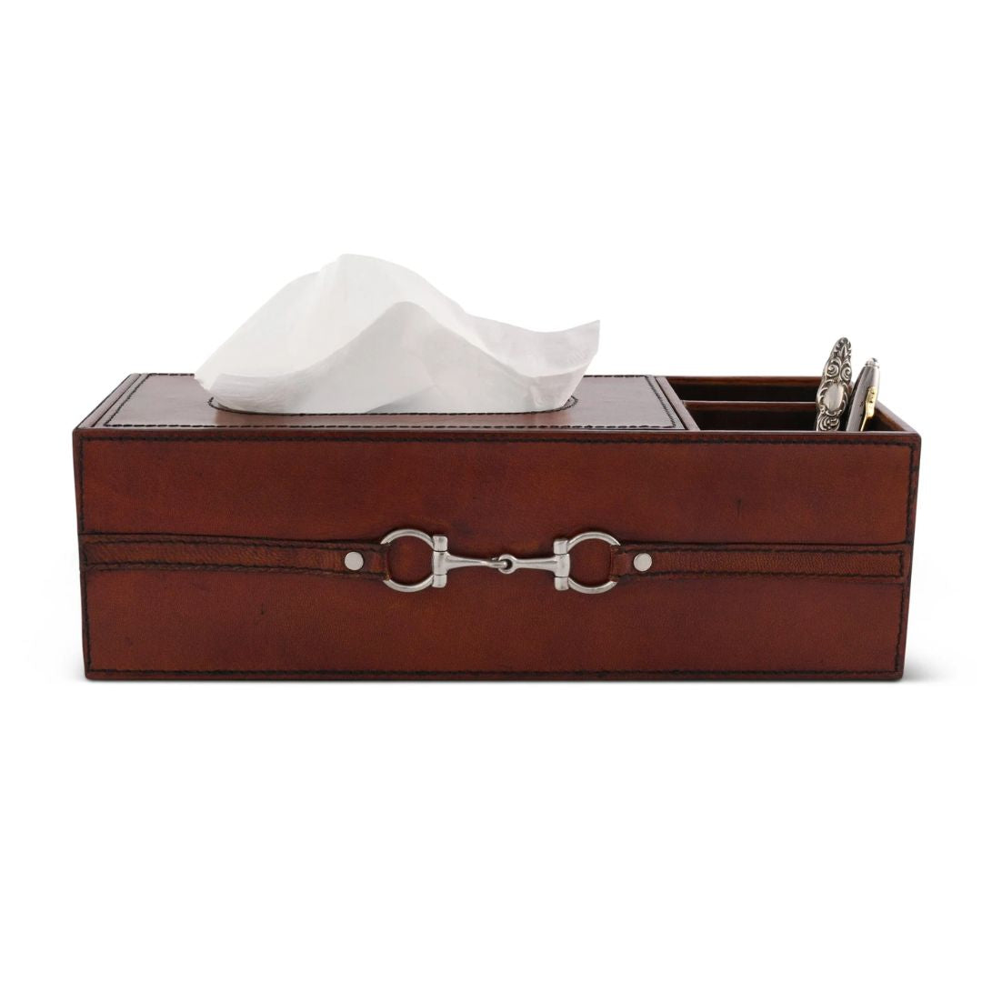 Premium Leather Bit Tissue Box; shown with tissues, pens on white background | Equestrian Style Home Decor | Malvern Saddlery