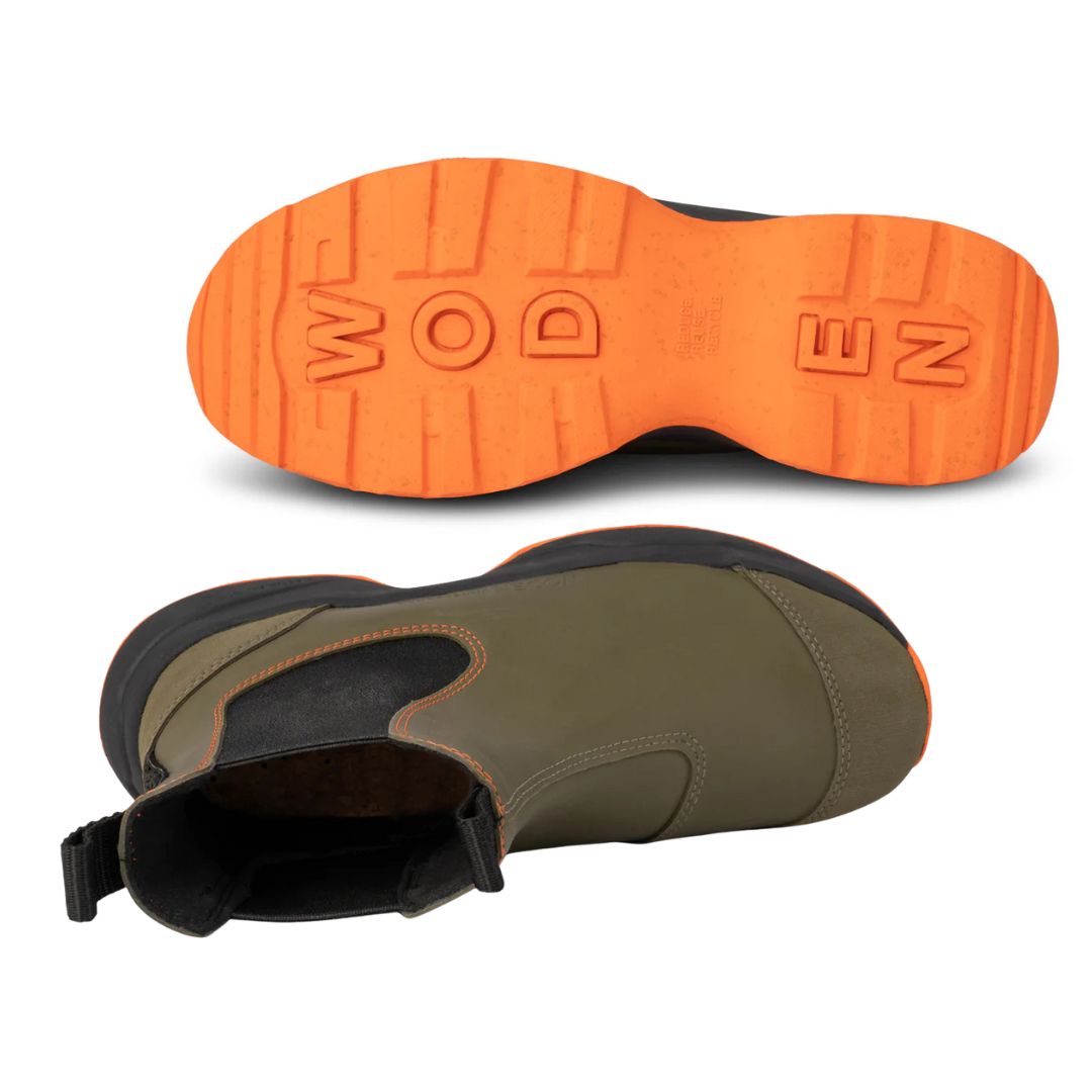 Woden Siri Waterproof Boot  Dark Olive with black & orange accents, top & bottom views | Malvern Saddlery